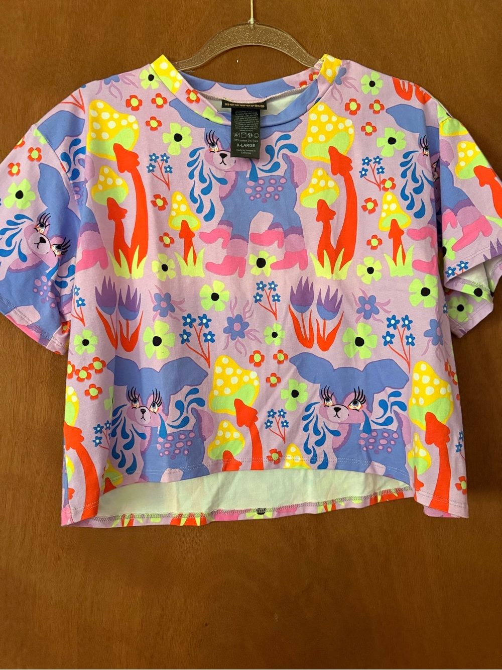 Nooworks crop: Doe Lavender Floral & Mushroom Print Cropped Tee